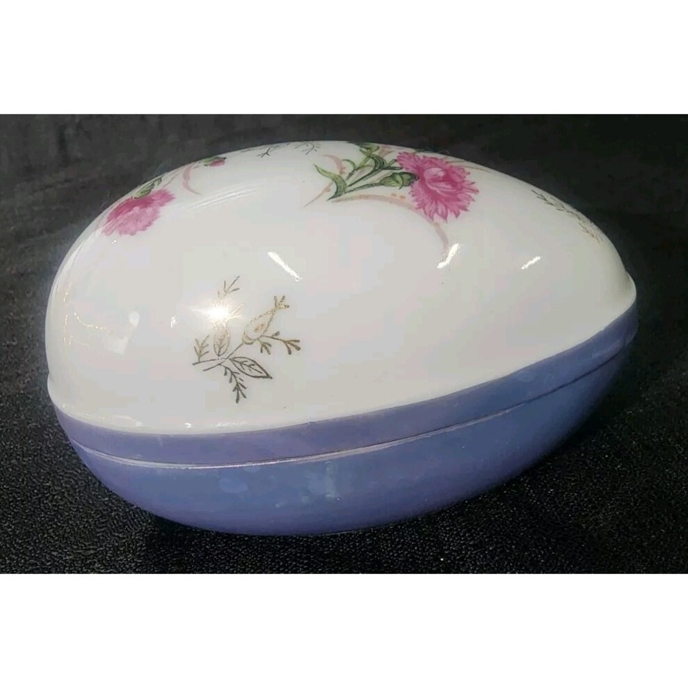 Vintage Egg Shaped Trinket Box Blue Luster and Floral Norleans Japan Easter